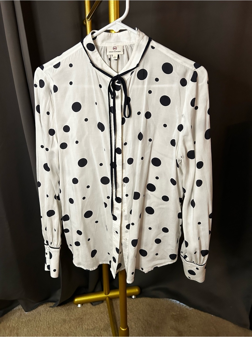 AG Polka Dot Tie-Neck Blouse — White with Black Dots